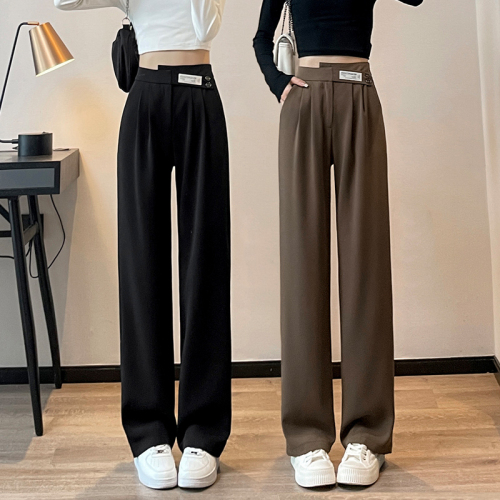 High-waisted wide-leg pants for women, spring and summer narrow version, irregular slimming, loose casual double-button straight suit pants for women