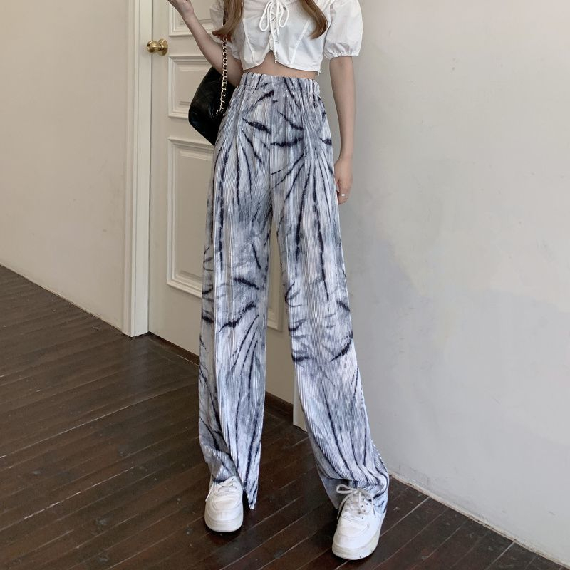 大碼女裝水墨畫軋染闊腿褲寬鬆顯瘦褶皺休閒褲子女