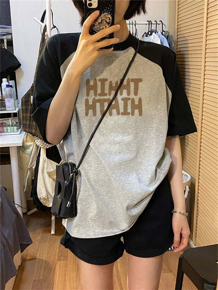 美式插肩短袖t恤女設計感寬鬆百搭小眾正肩上衣
