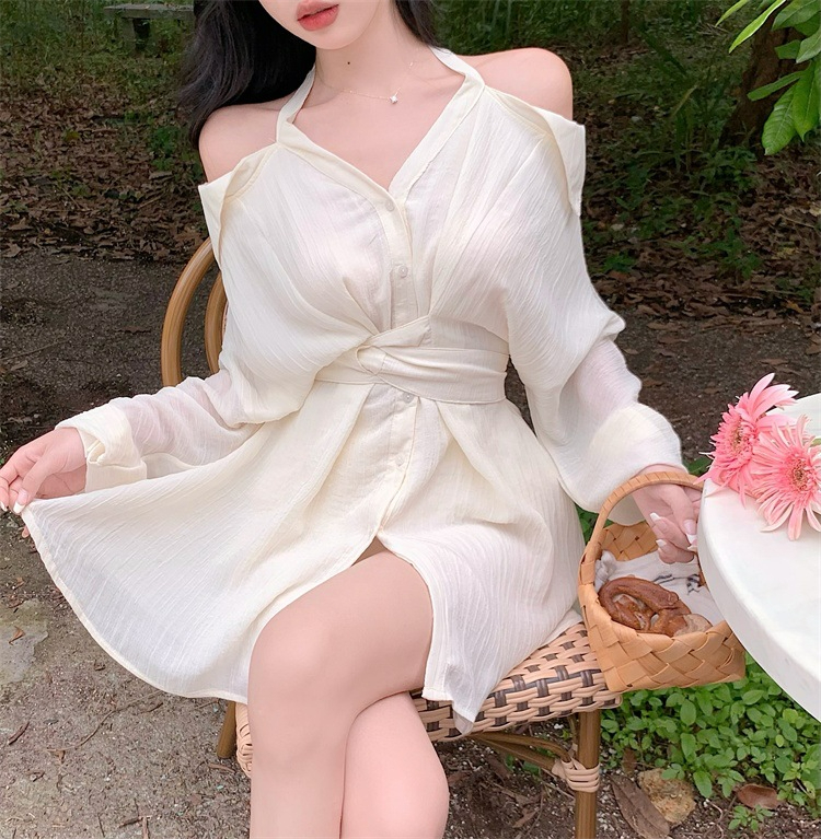 設計感露肩收腰襯衫連衣裙女春秋新款港風復古短裙子短褲兩件套裝