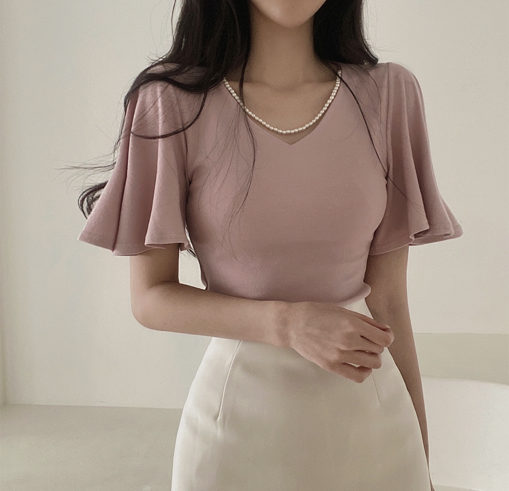 ？韓國chic 淑女氣質V領喇叭袖短袖上衣修身打底衫
