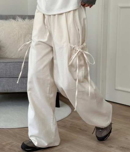 Korea 2024 Bow tie design strap pocket loose straight casual trousers