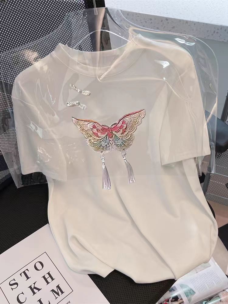200g combed compact offspun pure cotton back strip Spring and summer loose right shoulder printed short-sleeved T-shirt