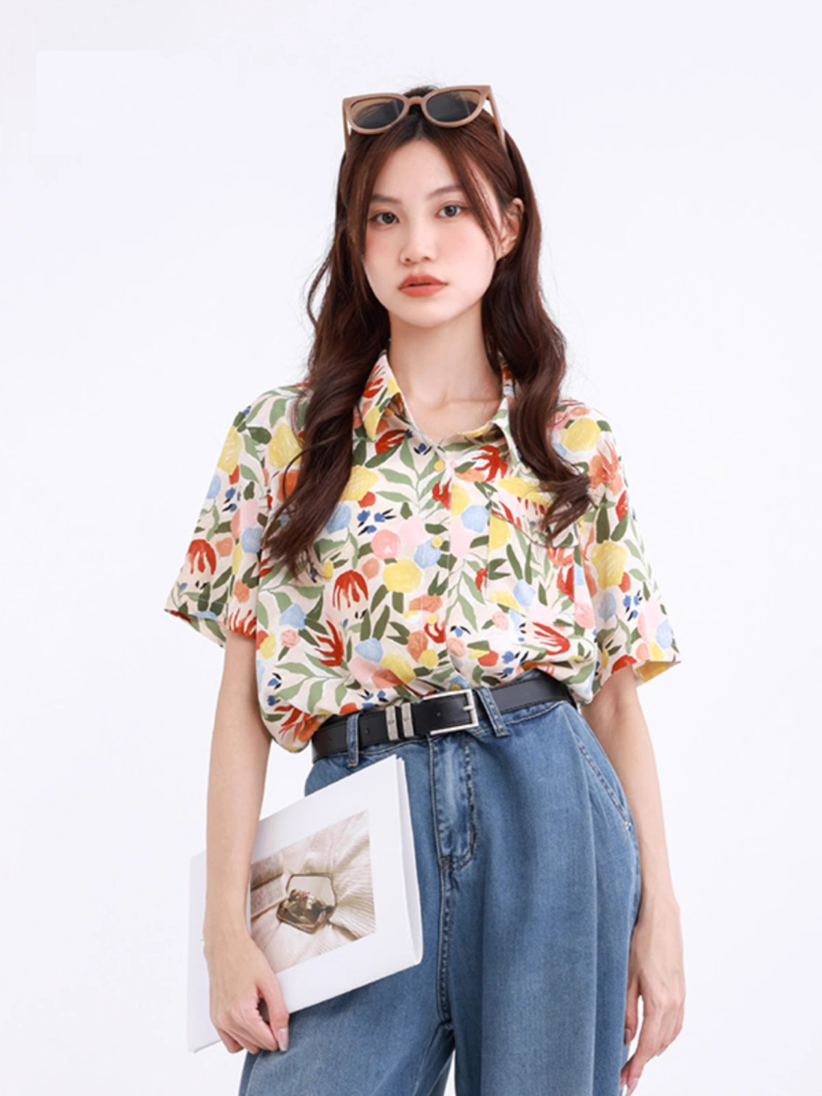 四面彈印花復古港風印花短袖襯衫女夏季設計感小眾度假襯衣