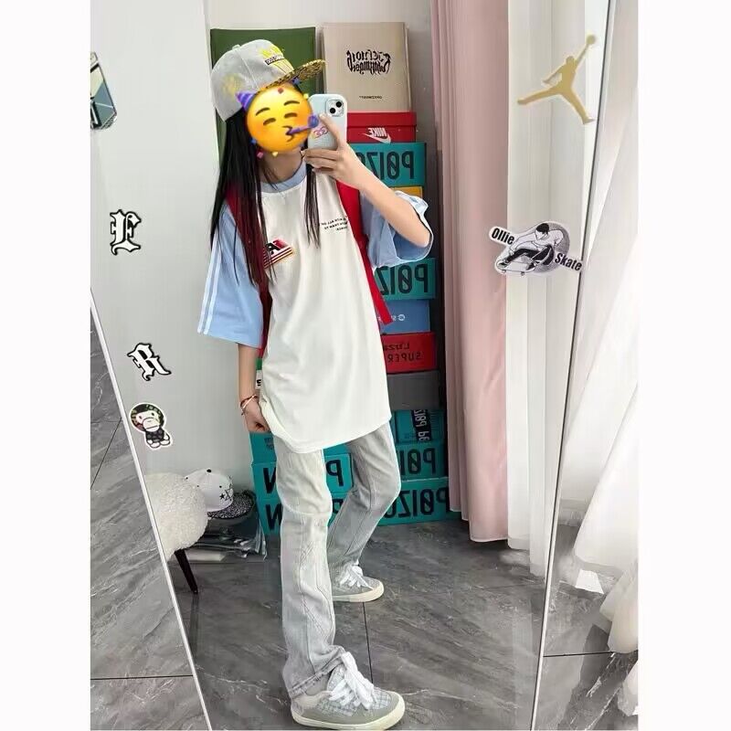 純棉200克21支精梳精密前後印花拼色三條槓落肩短袖t恤女