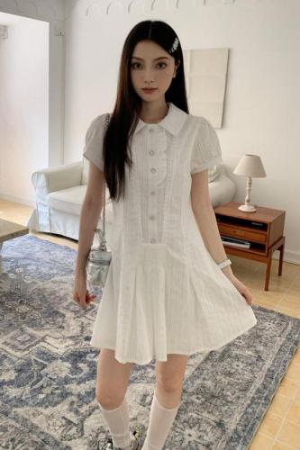 Real shot of summer Internet celebrity style white polo collar single-breasted short-sleeved fairy group skirt short skirt for women