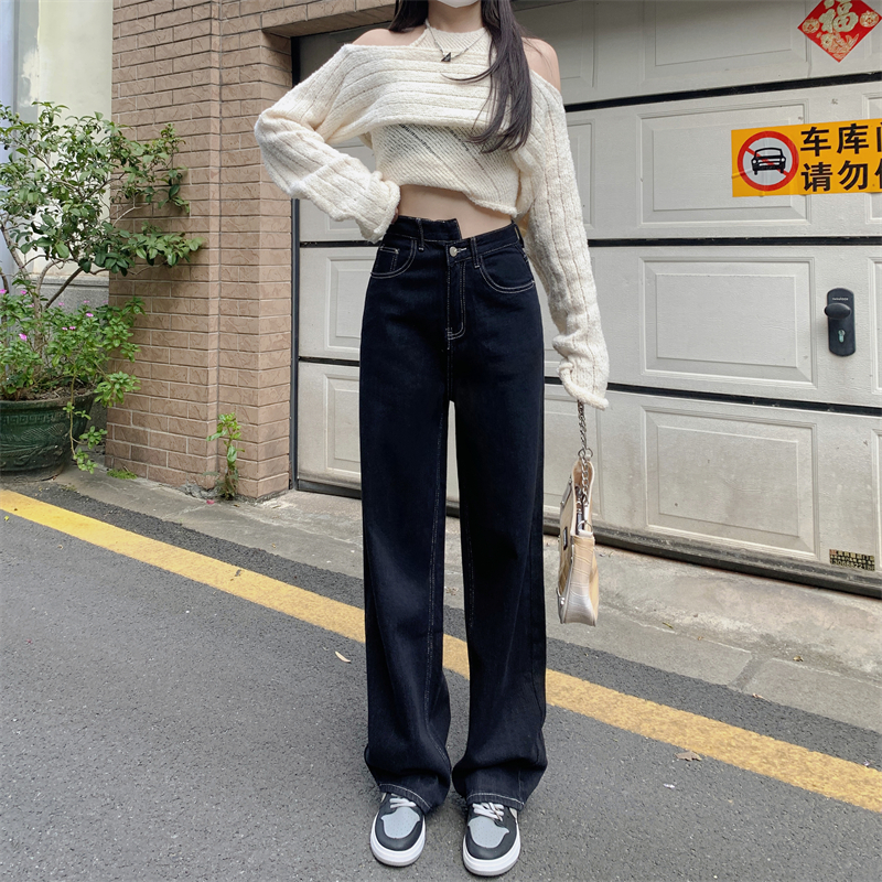 實拍#大碼女裝遮胯不規則黑色高腰牛仔褲女春秋顯瘦闊腿直筒長褲