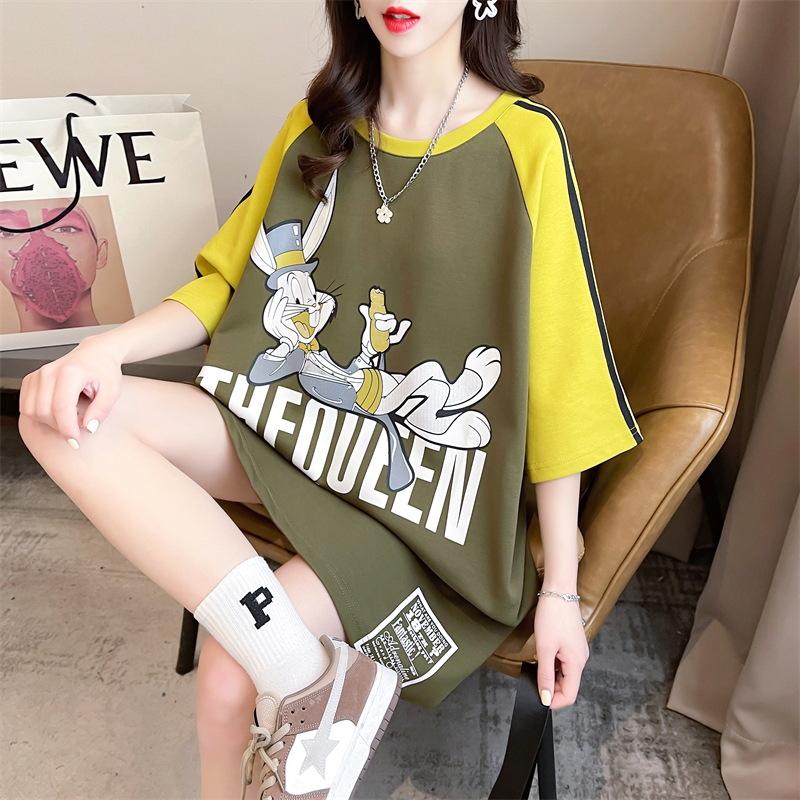 Actual shot of 2024 summer Korean style loose contrasting color splicing cartoon print mid-length large size short-sleeved T-shirt for women