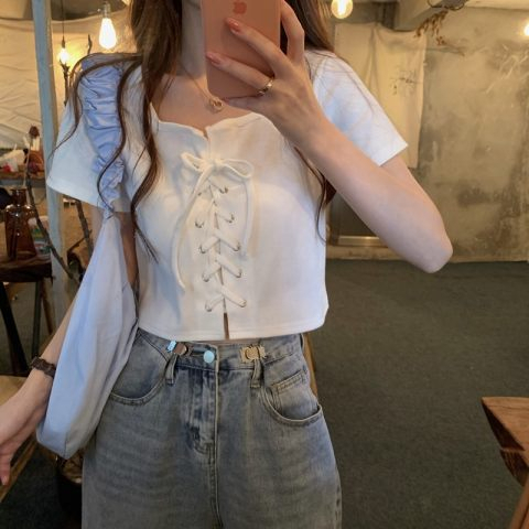 Korean style niche lace-up short-sleeved T-shirt for women, slim and versatile, sexy short navel-baring half-sleeved top