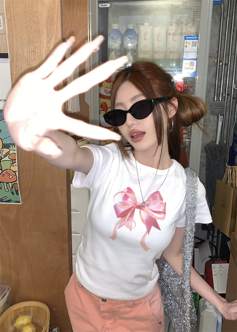Real shot of niche bow printed round neck short-sleeved T-shirt for women summer short slim chic sweet top