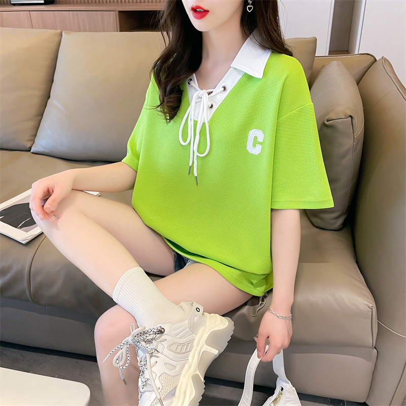 Real shot original quality summer Korean style loose waffle POLO collar tie cartoon embroidered short-sleeved T-shirt for women