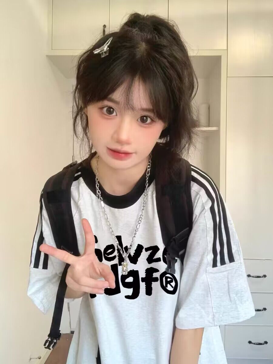 純棉200克21支精梳精密直播品質前 印花三條槓落肩短袖t恤女