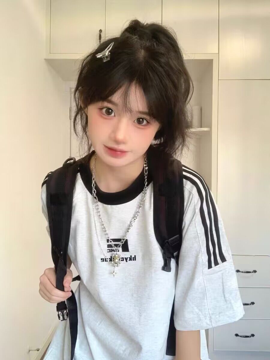 純棉200克21支精梳精密直播品質前 印花三條槓落肩短袖t恤女