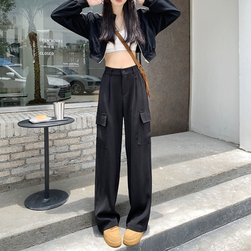 American retro all-match overalls for women in autumn high-waisted pocket casual pants slimming wide-leg suit pants