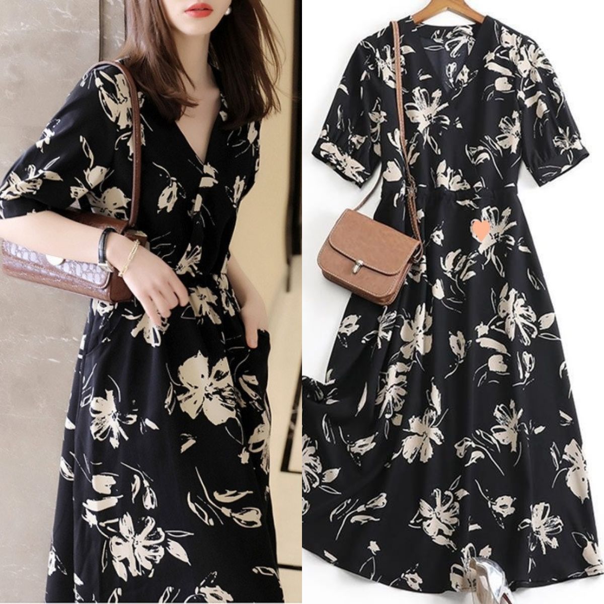 Designed mother's wear casual travel waist French retro short-sleeved printed mid-length floral V-neck chiffon Hong Kong style