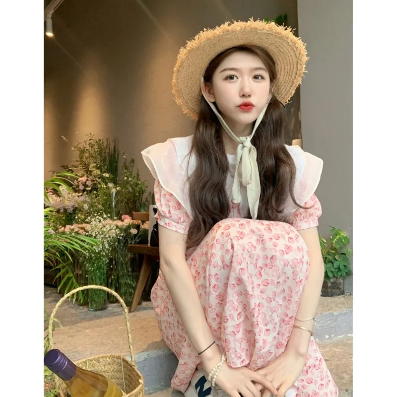 2024年夏季新款韓版甜美荷葉領拼接碎花連衣裙女小清新中長款裙子