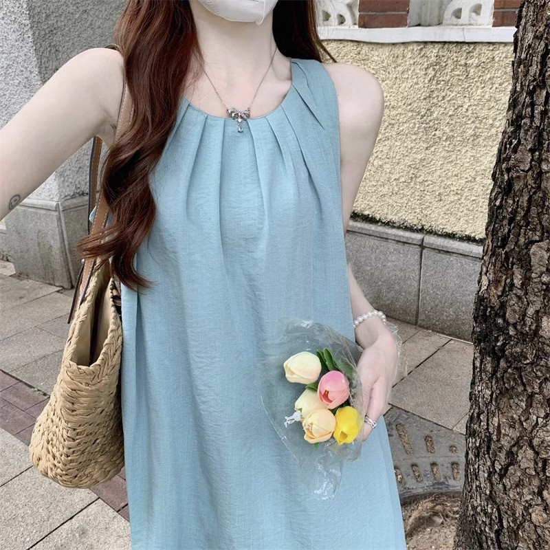 法式裙子海邊度假連衣裙女夏季小眾設計感寬鬆無袖背心裙a字長裙