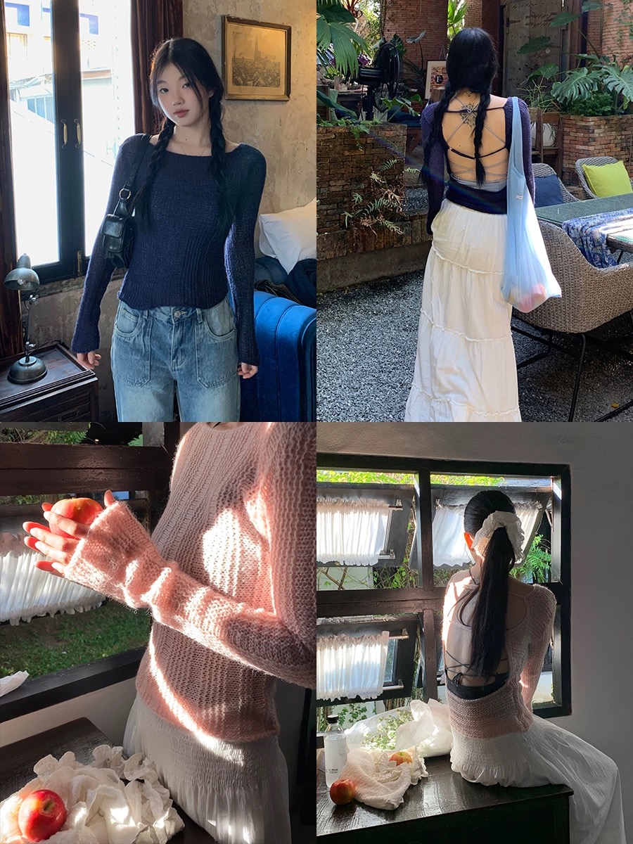 紅人館羊毛針織衫女2024新款夏季外套修身辣妹長袖設計感氣質上衣