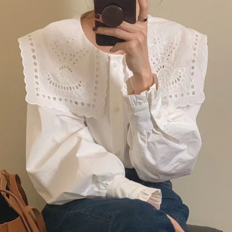 韓國chic早春法式鏤空刺繡大翻領單排扣時尚減齡白襯衫女內搭上衣