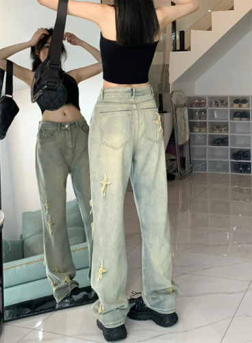 Real shot ~ yellow mud dyed jeans for women vibe high street simple niche design trendy brand pants drape