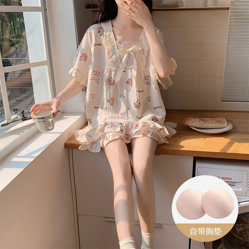 網紅睡衣女夏季2024新款皺布甜美可愛短袖家居服兩件套裝帶胸墊