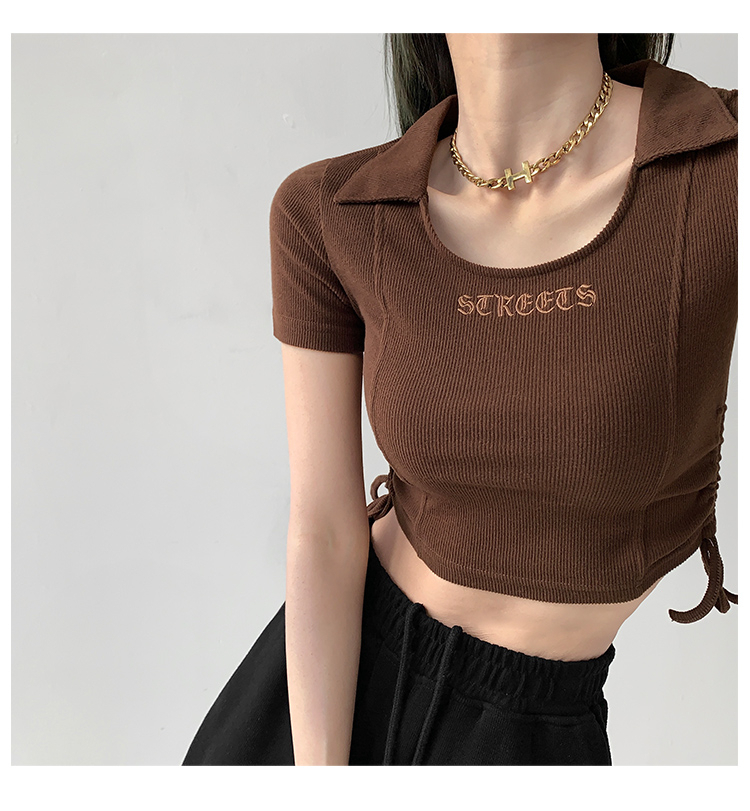 American Slim Lapel Short Sleeve T-Shirt Women's Summer Hot Girl Drawstring Pleated Waist Slimming Short Top