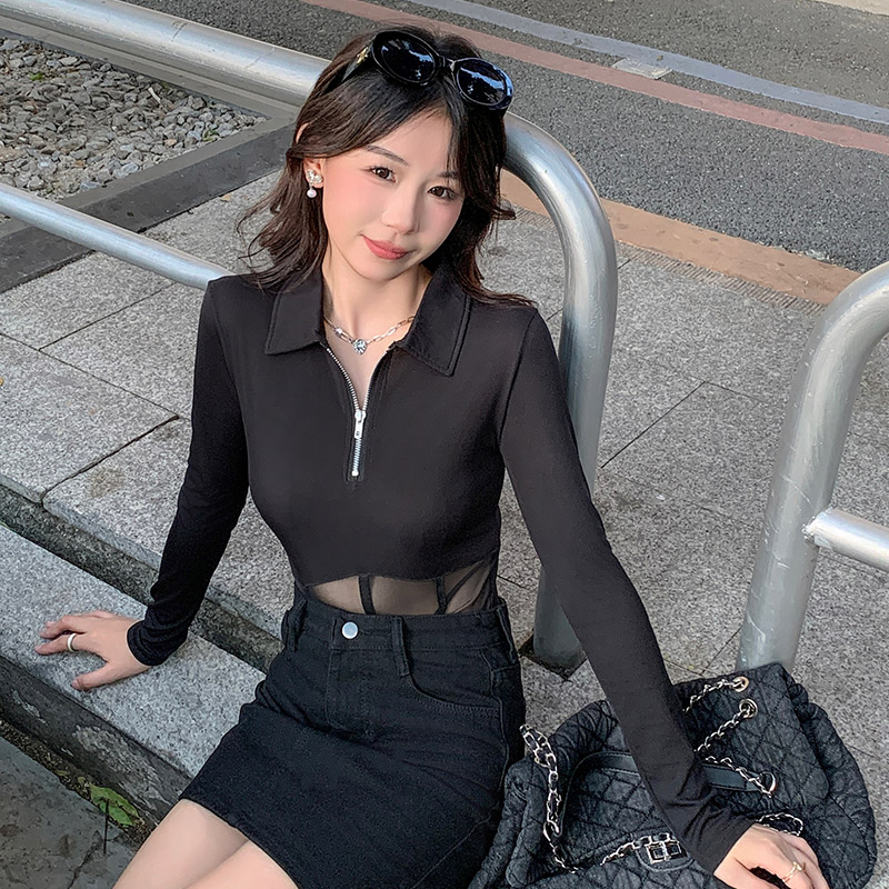 實拍# 春秋緊身短款上衣設計感網紗拼接純欲長袖t恤打底衫女