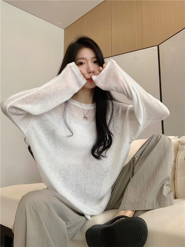 實拍~大碼2024春夏季新款圓領套頭薄款防曬衫上衣針織T恤女