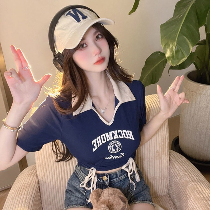 辣妹短款修身顯瘦撞色polo領抽繩收腰T恤女小眾上衣