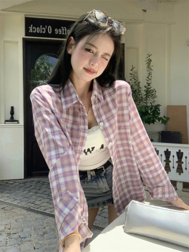 Actual shot of taro purple plaid shirt jacket for women with niche power style long-sleeved cardigan shirt