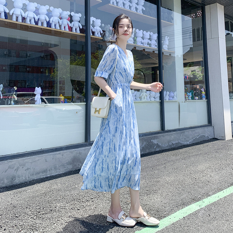 復古設計小個子歐美碎花夏季港風收腰法式雪紡短袖新款休閒V領中