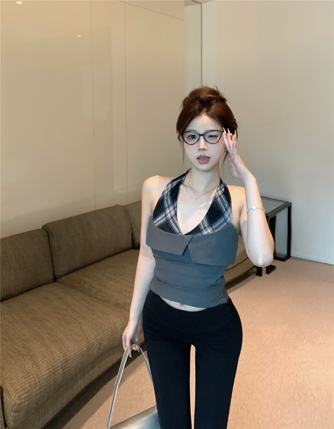 拼接掛脖吊帶背心女春夏泰式褶皺小眾吊帶上衣辣妹抹胸