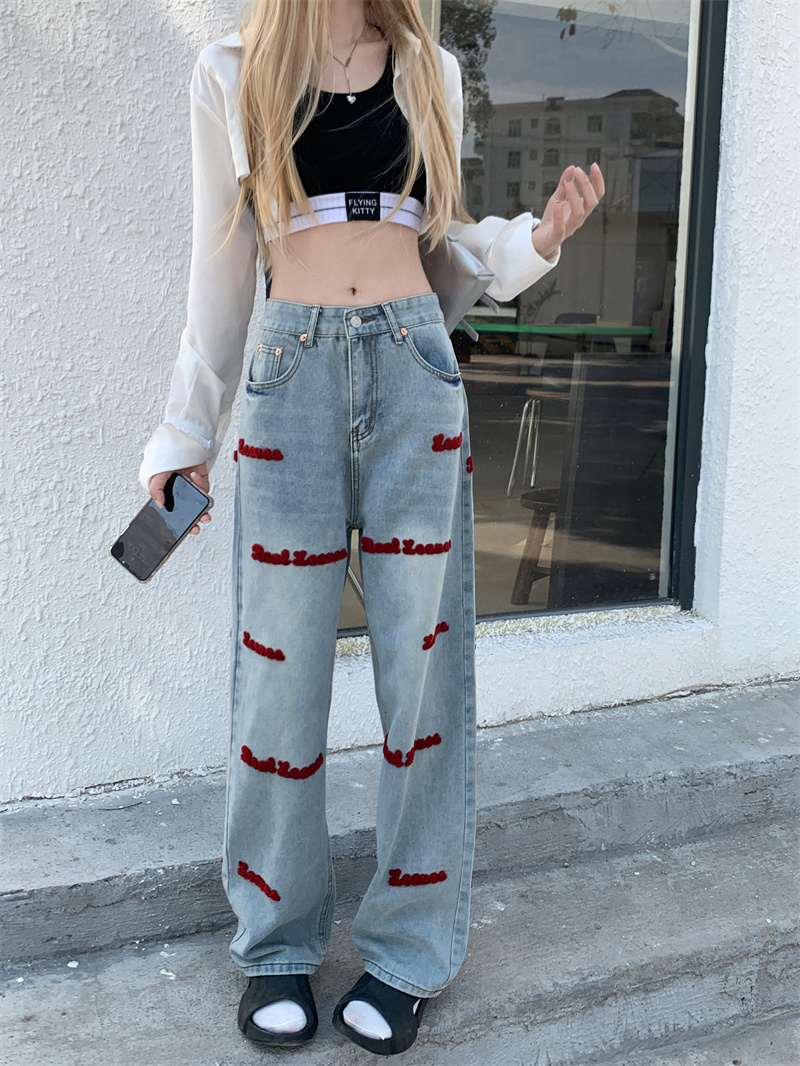 Real shot of hot girl jeans women's high waist slimming loose straight pants jeans casual embroidered trousers
