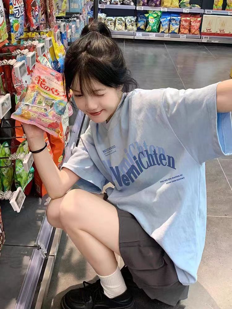 200g combed compact offspun pure cotton back strip Spring and summer loose right shoulder printed short-sleeved T-shirt