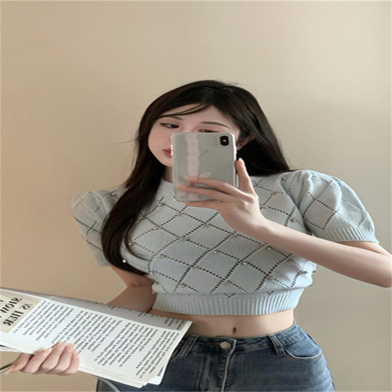 短袖毛衣女重工泡泡袖內搭外穿溫柔寬鬆百搭純欲短上衣百搭