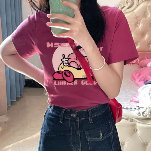 Right shoulder short-sleeved women's summer 2024 new rose red pure cotton T-shirt design slim slimming bottoming shirt top