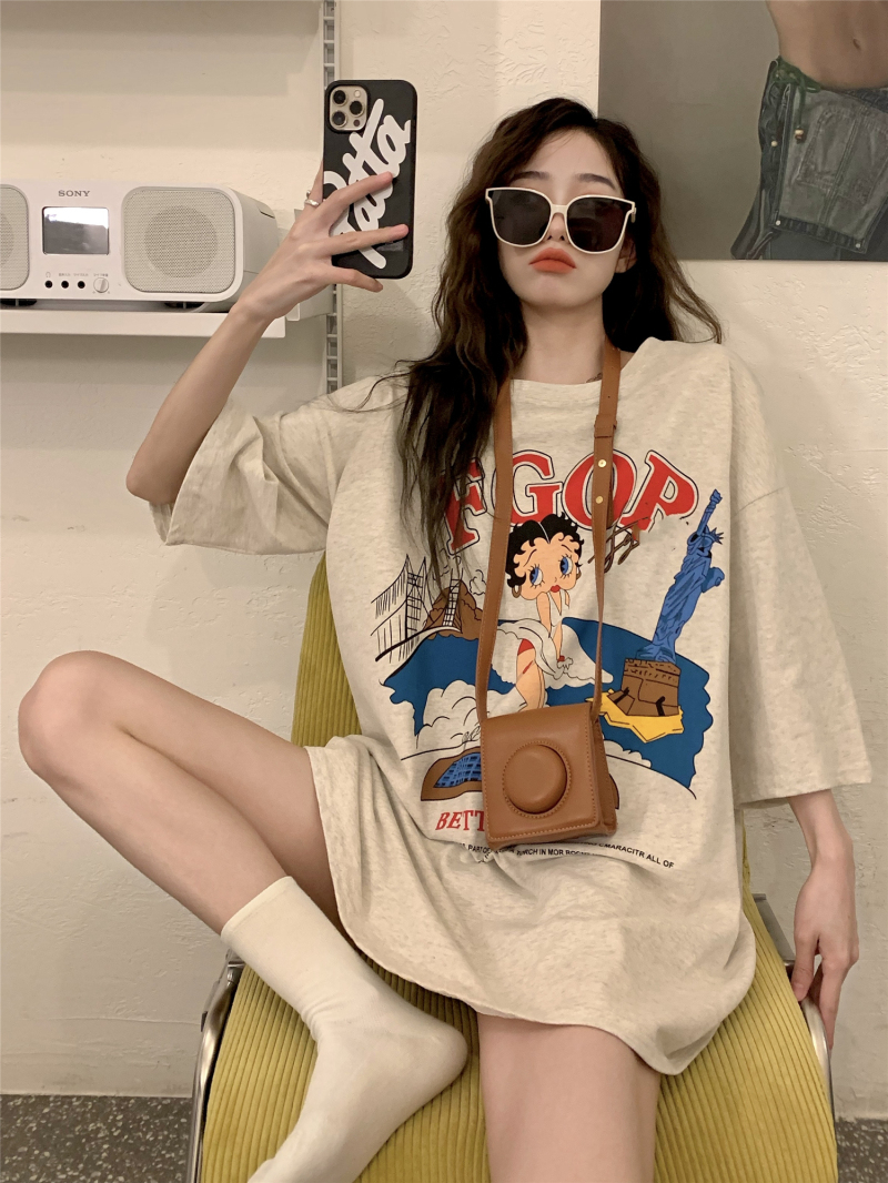 200g combed compact offspun pure cotton back strip Spring and summer loose right shoulder printed short-sleeved T-shirt