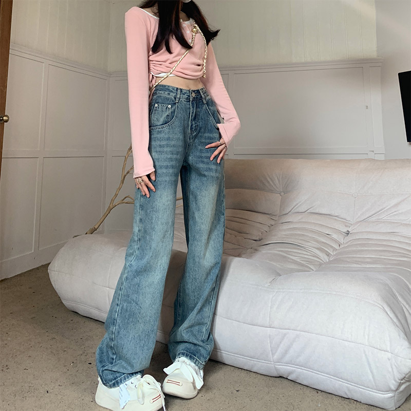 2024 Spring New Light Color High Waisted Narrow Straight Jeans Women's Flared Loose Slimming Wide Leg Floor-Mopping Pants