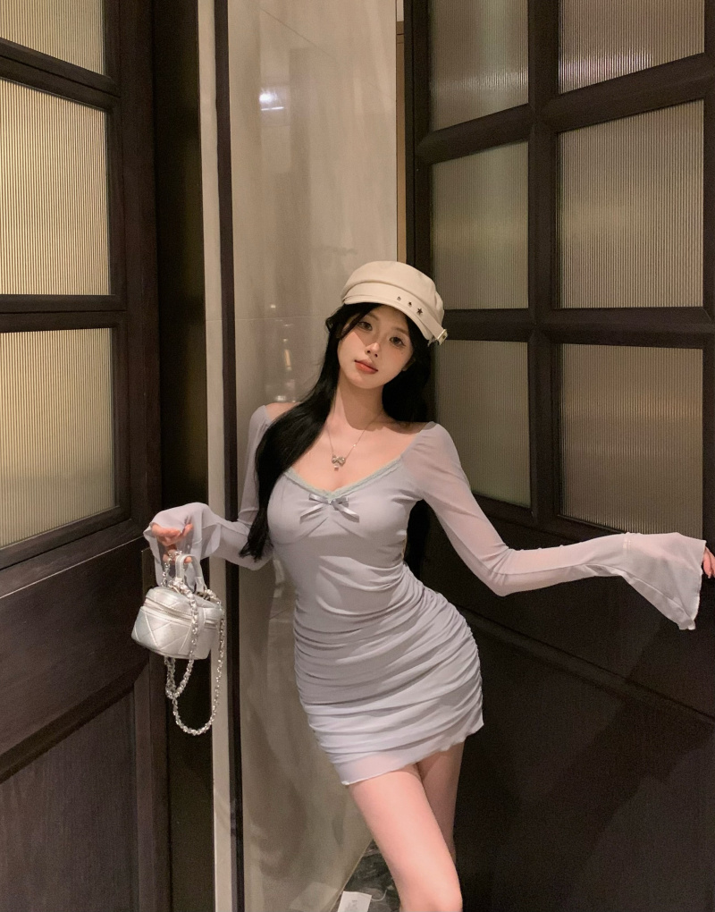 實拍 純欲性感網紗連衣裙女春夏季收腰顯瘦緊身長袖包臀短裙