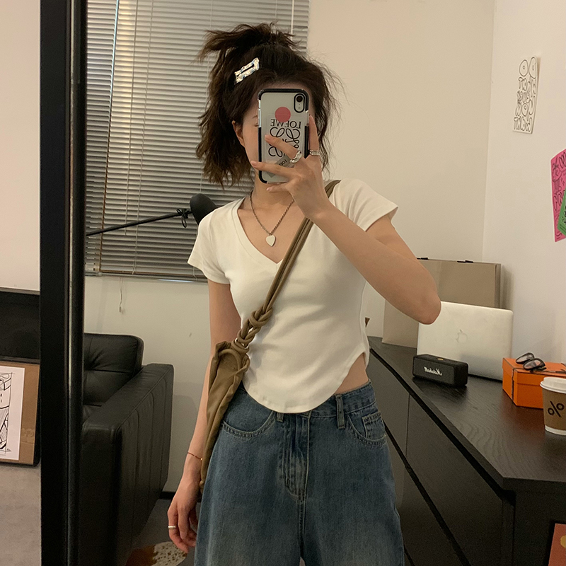 美式純欲辣妹v領短袖t恤女夏季新款設計感小眾爵士舞緊身短款上衣
