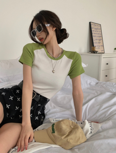 Official photo Raglan sleeves with T-shirt for women, sweet and cool slimming stitching contrasting color summer short-sleeved top