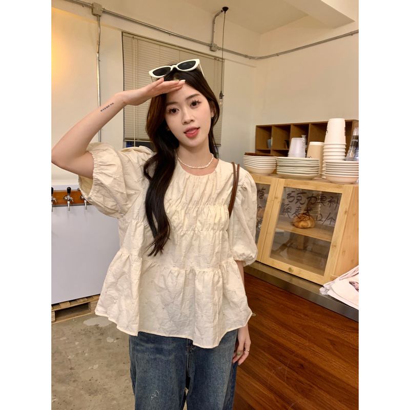 Puff sleeve shirt for women summer 2024 new style French design small pleated loose short chic shirt