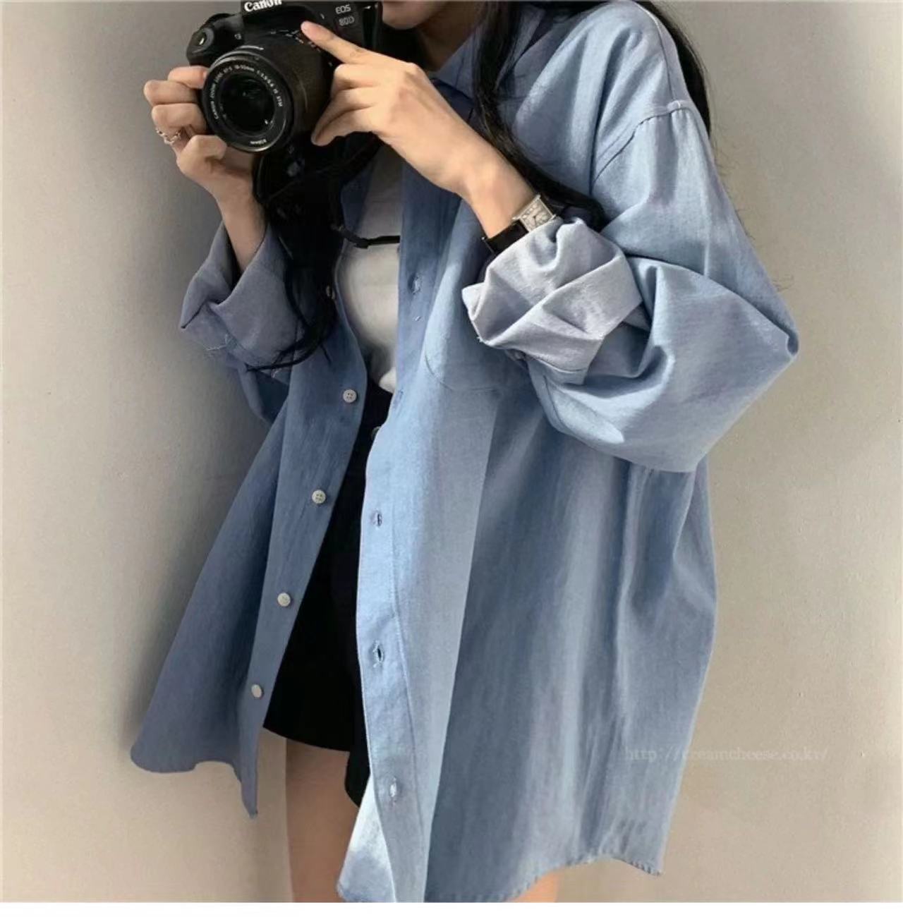 復古翻領襯衫女外穿百搭2024新款秋冬韓風寬鬆中長款開衫上衣