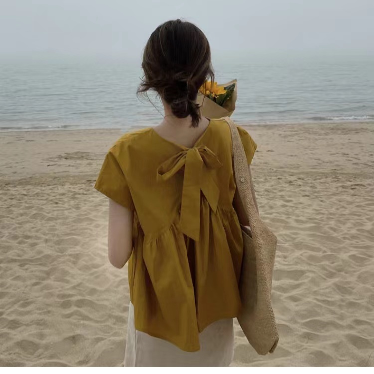 後蝴蝶結襯衫女夏短袖薄款黃色圓領上衣減齡夏季後背系帶甜美可愛