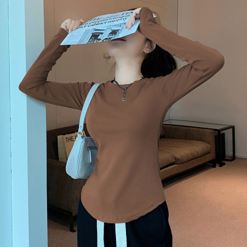 Actual shot of Korean style spring and autumn slim fit, slim and versatile solid color round neck pure cotton long-sleeved T-shirt for women