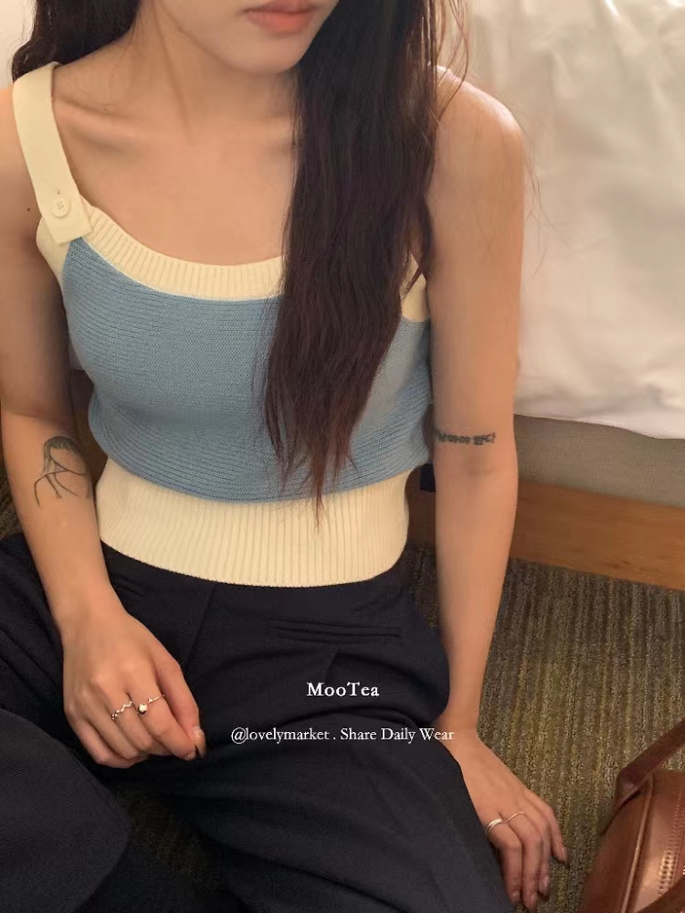 LOVELY春夏設計感扣子百搭撞色吊帶背心韓版休閒顯瘦單穿短款上衣