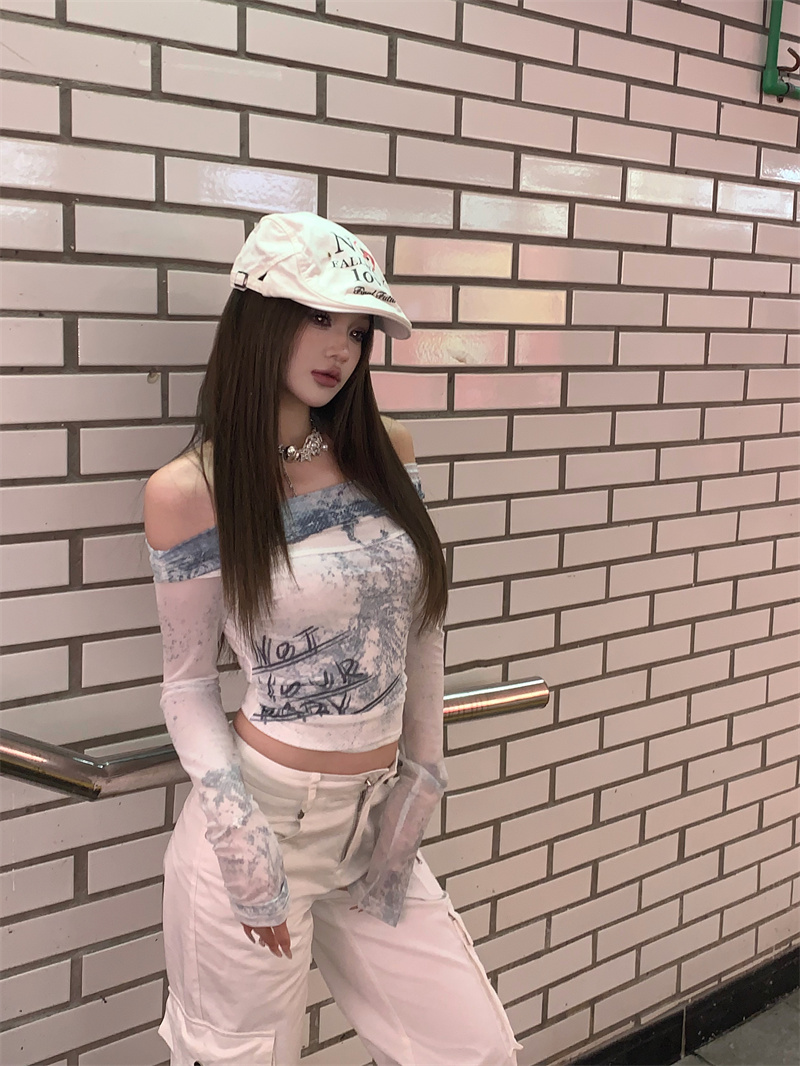 實拍  美式復古辣妹純欲設計感一字肩印花長袖t