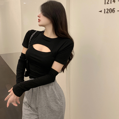 Real shot of Pure Desire Sexy Hollow Sleeve Tops Bottoming Shirt Short Sleeve Cotton Sleeve T-shirt Slim Summer Fashion Brand Women