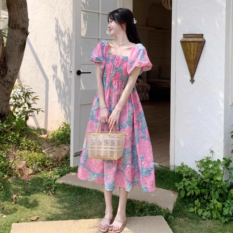原版做工大碼彩色花朵連衣裙女夏海邊度假寬鬆胖mm遮肚子長裙