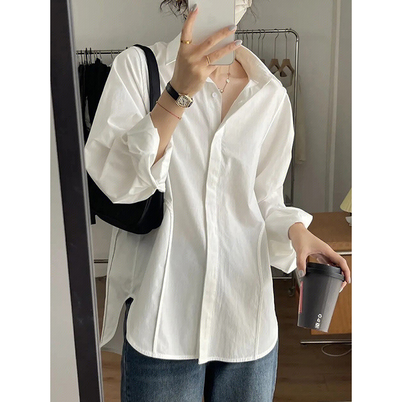 純棉韓國白色長袖襯衫女秋外套設計感小眾高級感襯衣寬鬆別致上衣